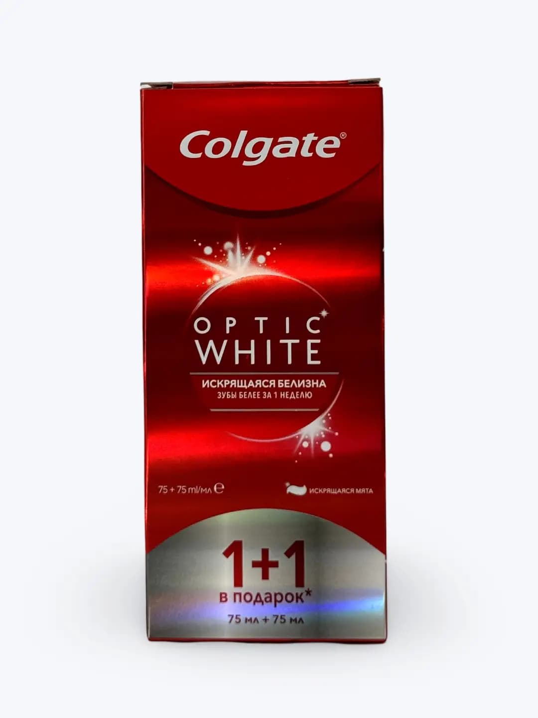 Colgate Optic White 1+1, Iskristal mint — tishlarni oqartiruvchi tish pastasi, 75 ml va 75 ml (2 dona to'plamda).