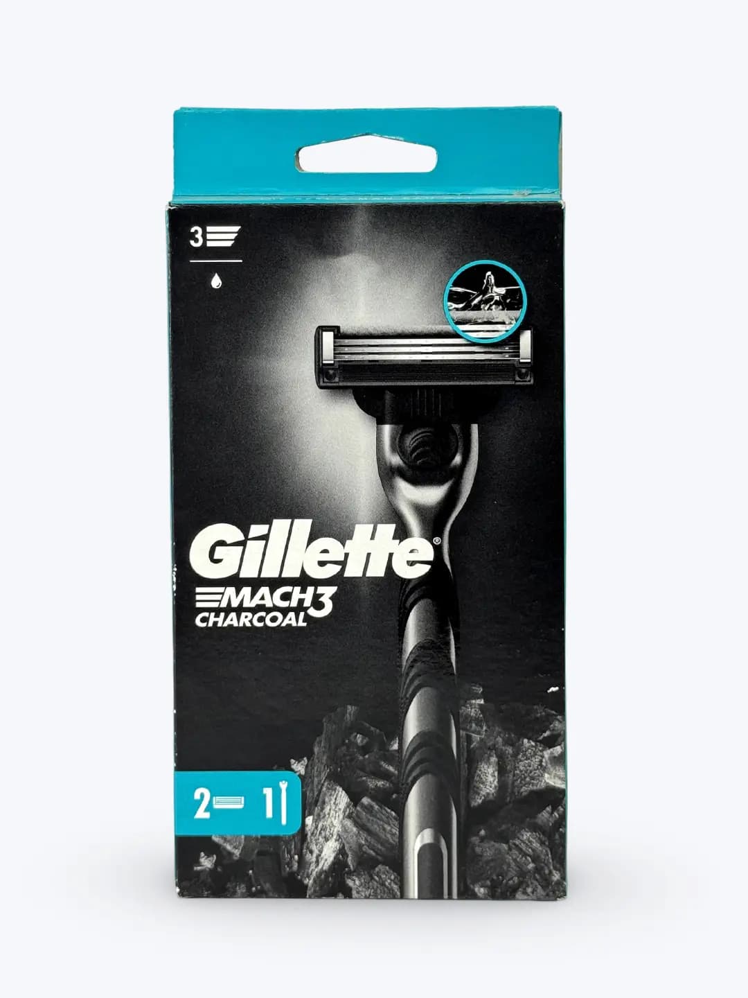 Gillette Mach3 Charcoal qirqish apparati, yog'li tasma bilan, qora ko'mir bilan, 3 pichoq, +2 kasset